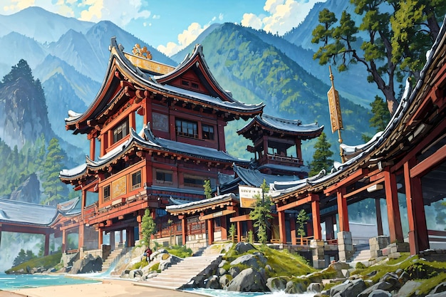 A painting of a building with a mountain in the background.