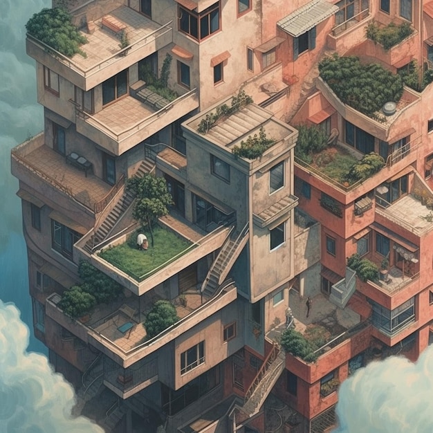 A painting of a building with a person sitting on the ground and a building with a lot of plants on it.