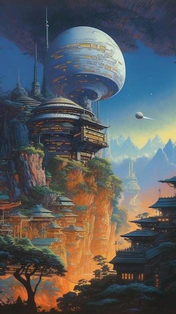 A painting of a building with a planet on the top.