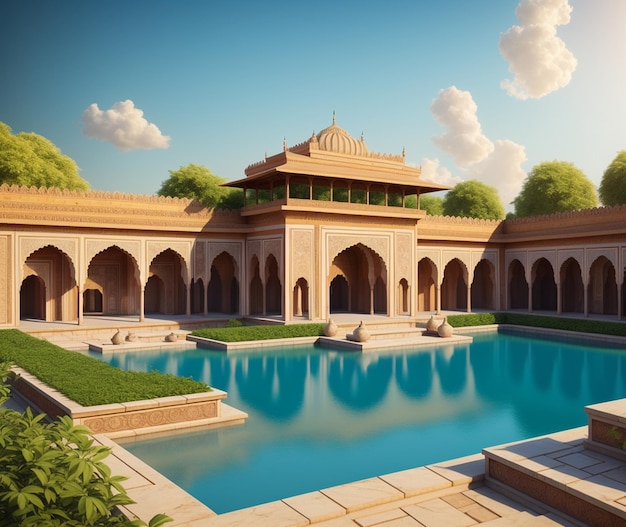 A painting of a building with a pool in the middle of it