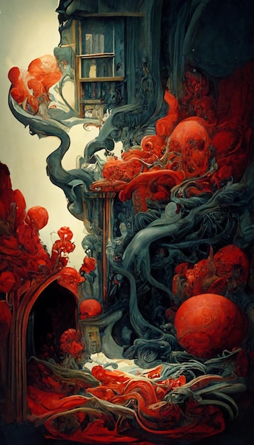 A painting of a building with a red skull on it