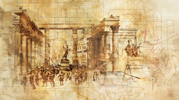 a painting of a building with a statue and a statue in the middle