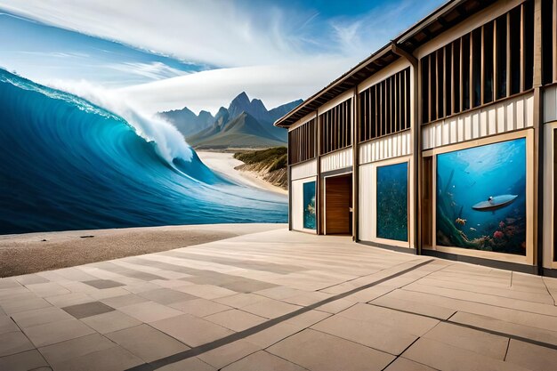 A painting of a building with a wave in the background