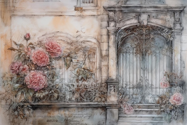 A painting of a building with a window and flowers