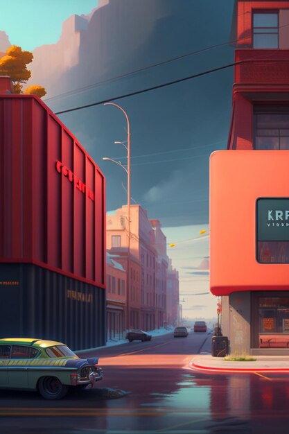 A painting of a building with the word kr on it