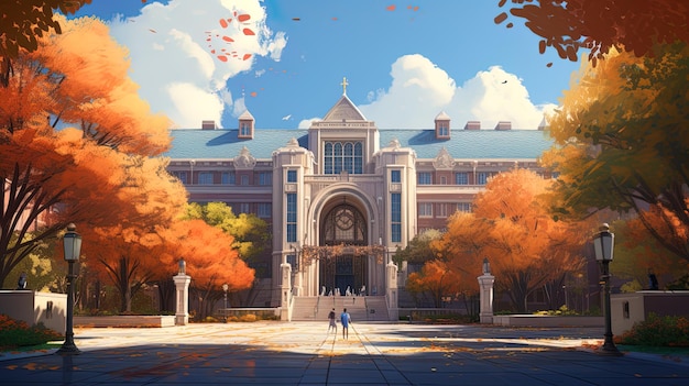 a painting of a building with the words  the name of the university  on it