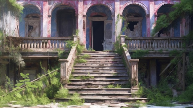 A painting of a building with the words'the stairs'on it