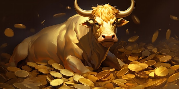 painting of a bull standing in pile of gold coins generative AI