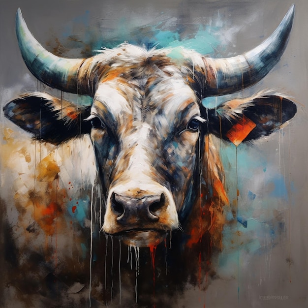 A painting of a bull with a blue nose and a white face.