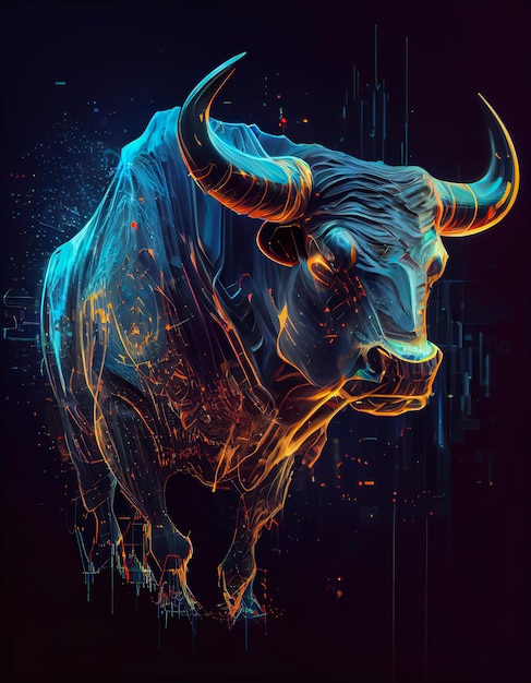 A painting of a bull with a blue and orange glow.