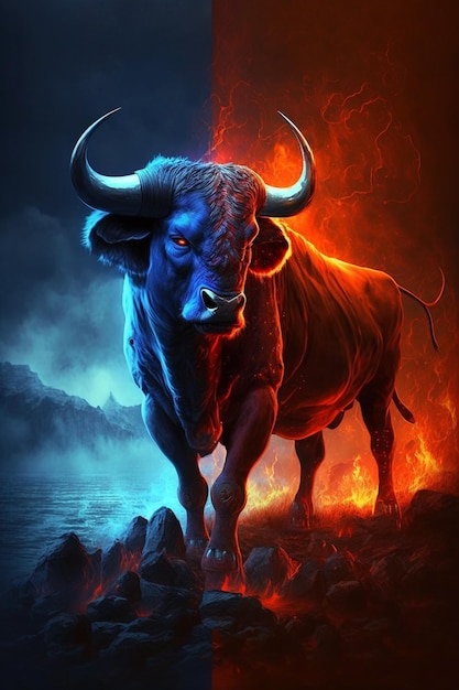 Painting of a bull with a fire and water background generative ai