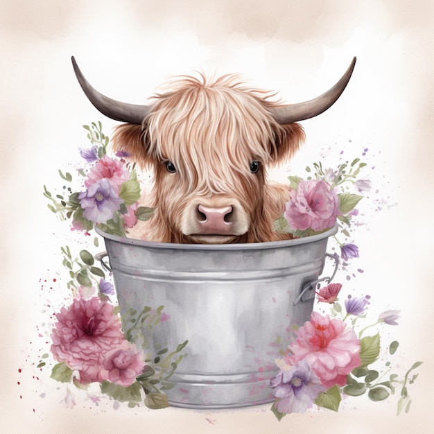 A painting of a bull with flowers on it