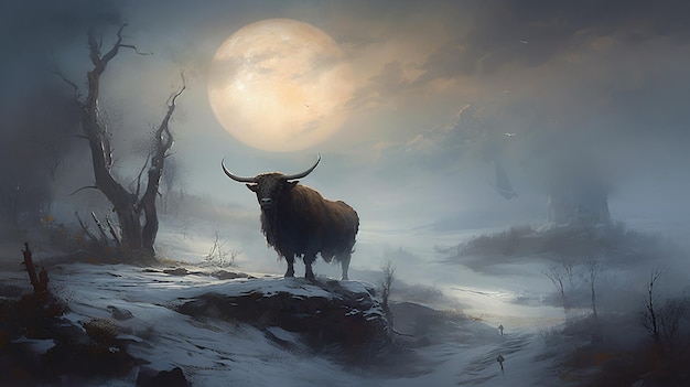 A painting of a bull with a full moon in the background.