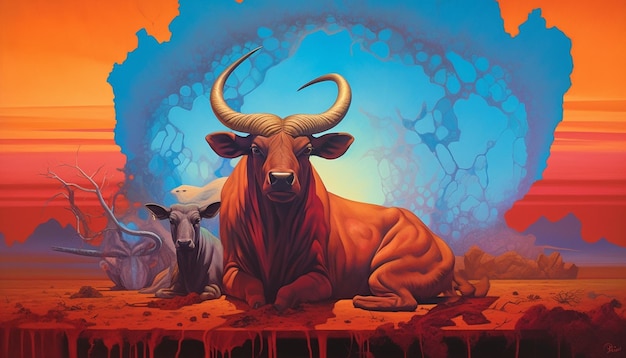 A painting of a bull with horns laying on a rock