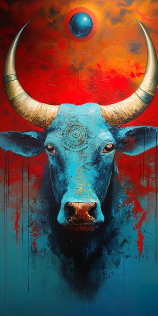 a painting of a bull with a red background with a red background