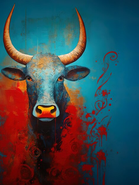 Photo a painting of a bull with the word ox on it