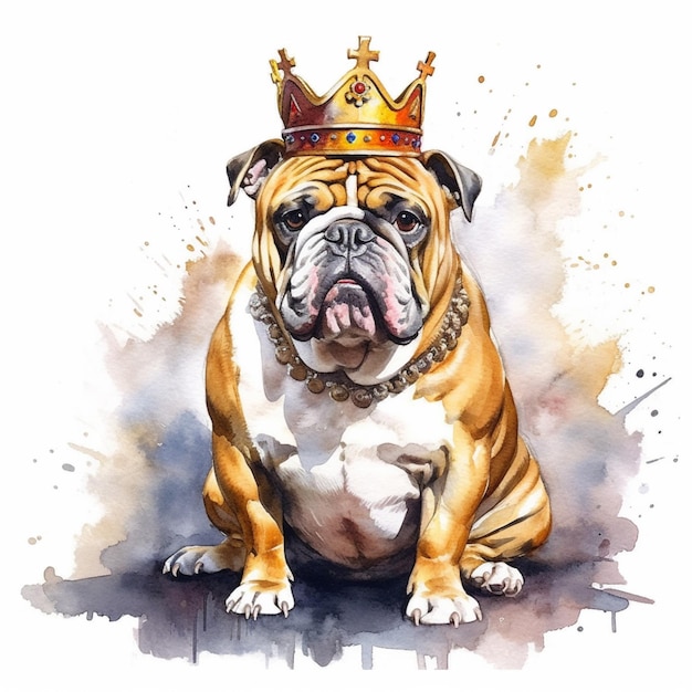 Painting of a bulldog wearing a crown sitting on the ground generative ai