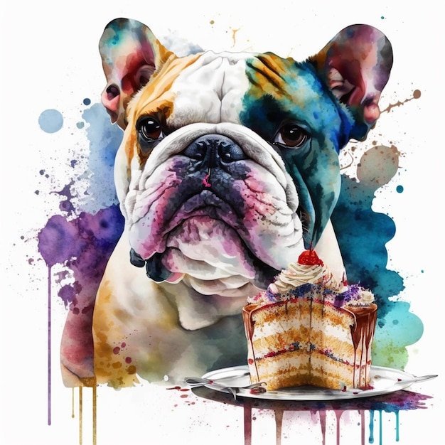 Foto dipingere un bulldog con un pezzo di torta su un piatto generativo ai