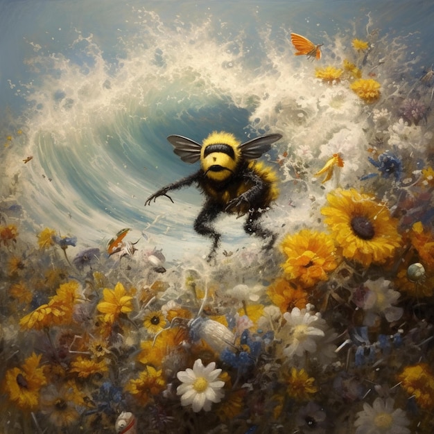 Painting of a bum flying through a field of flowers with a wave in the background generative ai