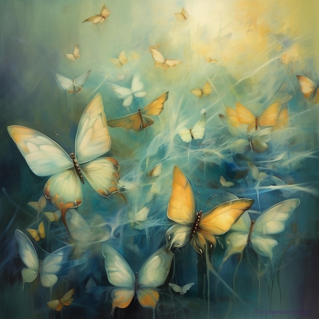 painting of a bunch of butterflies flying in the air generative ai