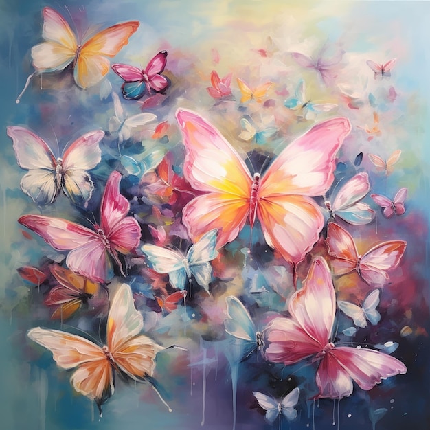 painting of a bunch of butterflies in a vase with water droplets generative ai