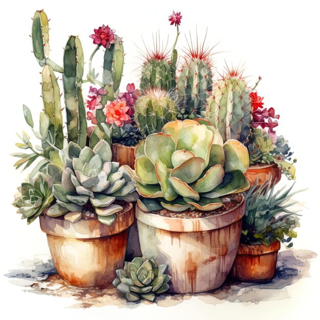 A painting of a bunch of cactus in pots