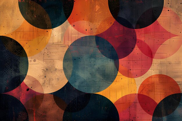 A painting of a bunch of circles on a wall with a grungy background of orange blue and yellow an