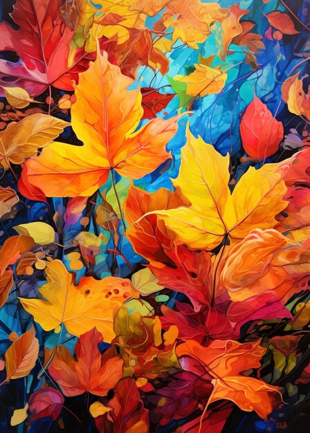 Painting of a bunch of colorful leaves on a black background generative ai