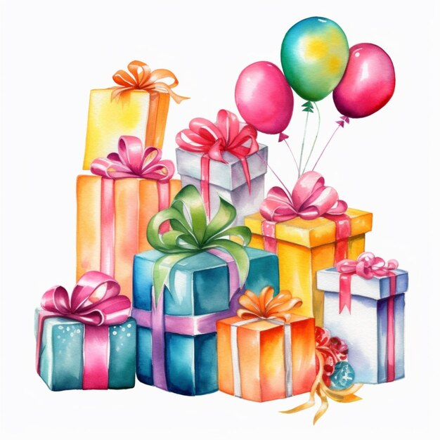 Photo a painting of a bunch of colorful presents with balloons generative ai