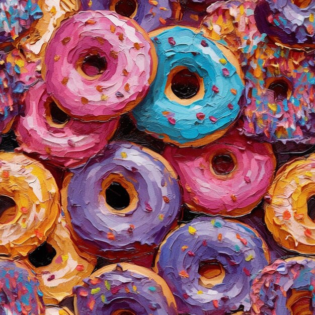 A painting of a bunch of donuts with different colors and sprinkles generative ai