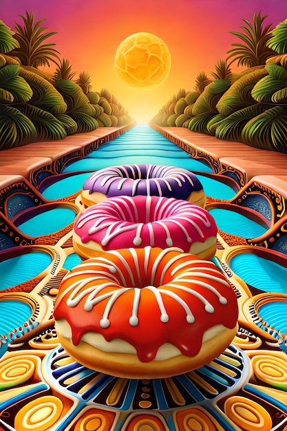 A painting of a bunch of donuts with the word donuts on it.