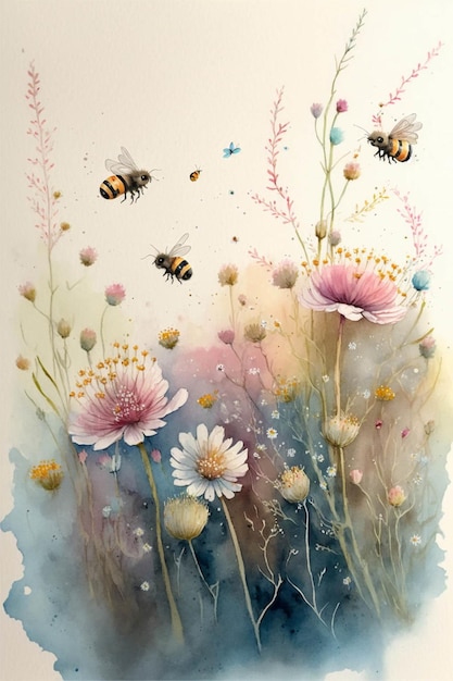 Painting of a bunch of flowers and bees generative ai