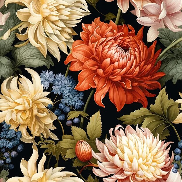 A painting of a bunch of flowers on a black background