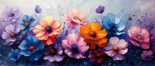 Foto pittura di un bouquet di fiori su uno sfondo blu