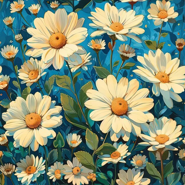 A painting of a bunch of flowers on a blue background