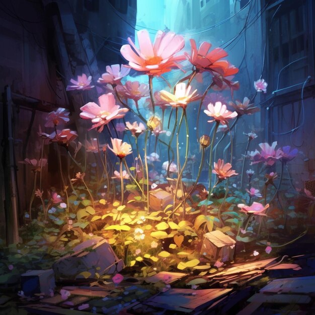 Painting of a bunch of flowers in a city with a building in the background generative ai