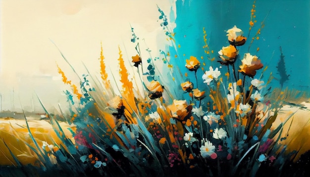 Painting of a bunch of flowers in a field