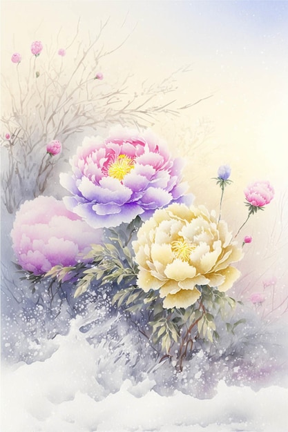 Painting of a bunch of flowers in the snow generative ai