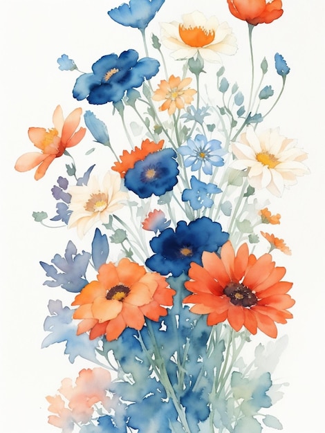 青い赤いオレンジ色と緑色の葉を持つ白い背景の花束の絵画