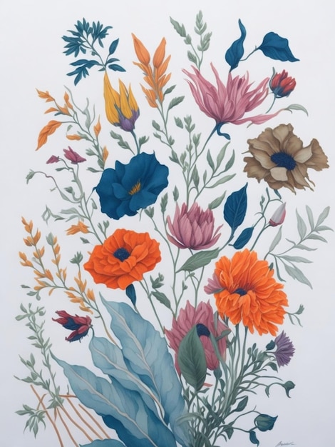 a painting of a bunch of flowers on a white background with blue red orange and green leaves