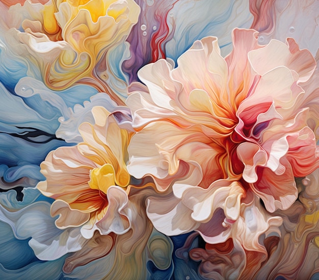 painting of a bunch of flowers with a blue background generative ai