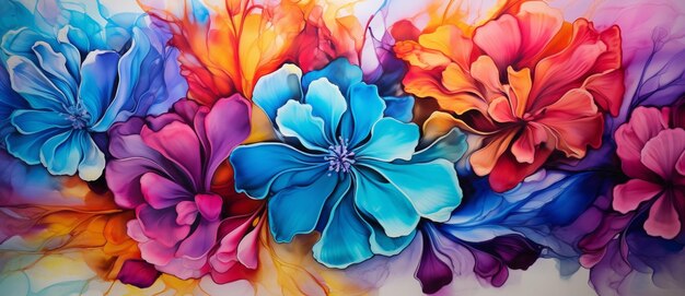 Painting of a bunch of flowers with a blue center generative ai