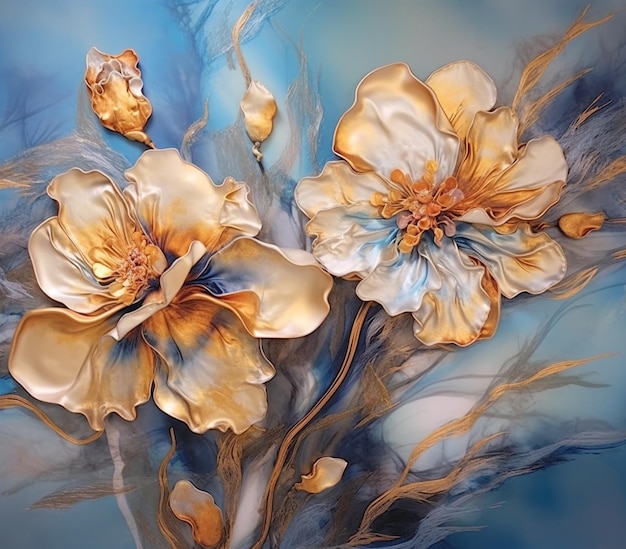 painting of a bunch of flowers with gold leaves on a blue background generative ai