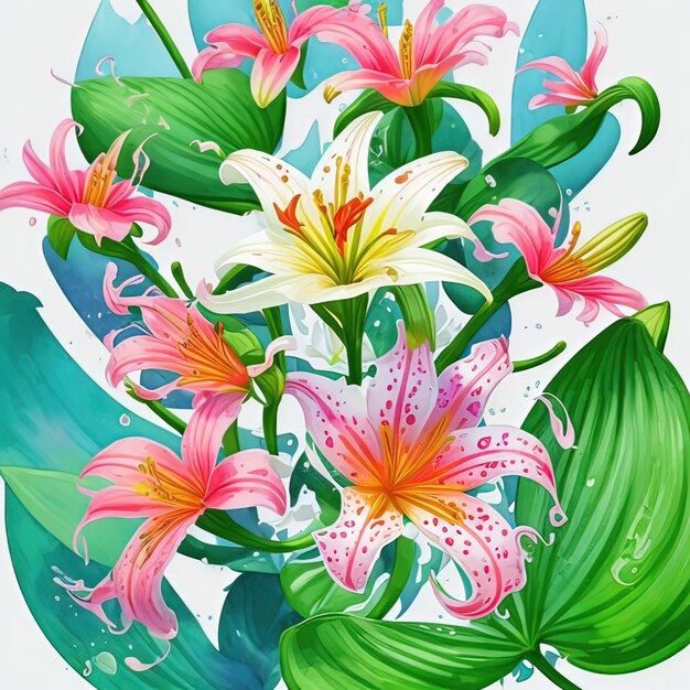 A painting of a bunch of flowers with the words lilies on it