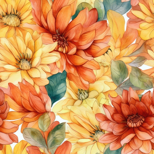 A painting of a bunch of flowers with yellow and orange petals.