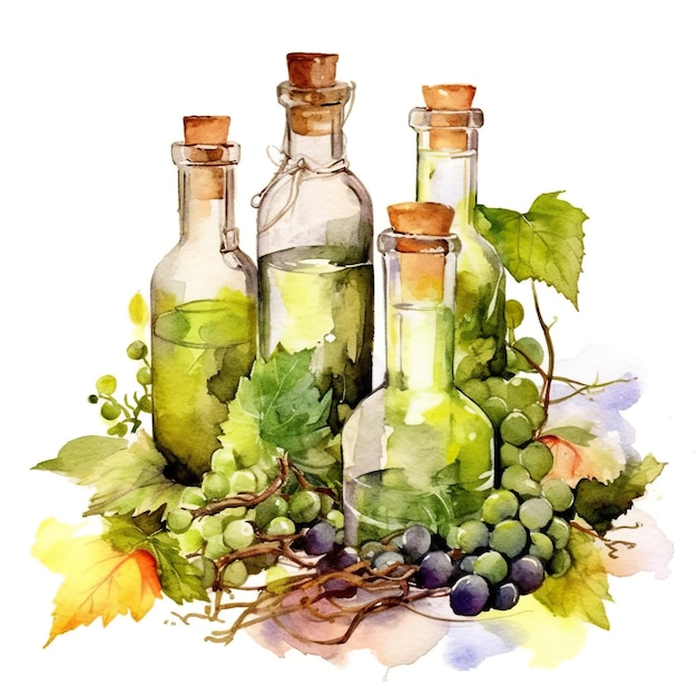 A painting of a bunch of grapes and bottles generative ai image