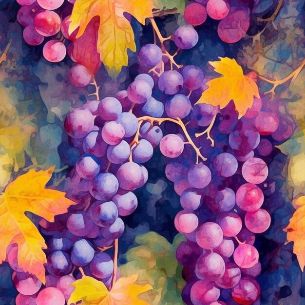 a painting of a bunch of grapes with leaves on a vine generative ai