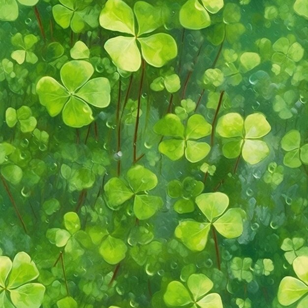 painting of a bunch of green clovers in a field generative ai