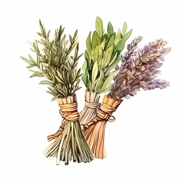 Photo a painting of a bunch of lavender and rosemary tied together generative ai