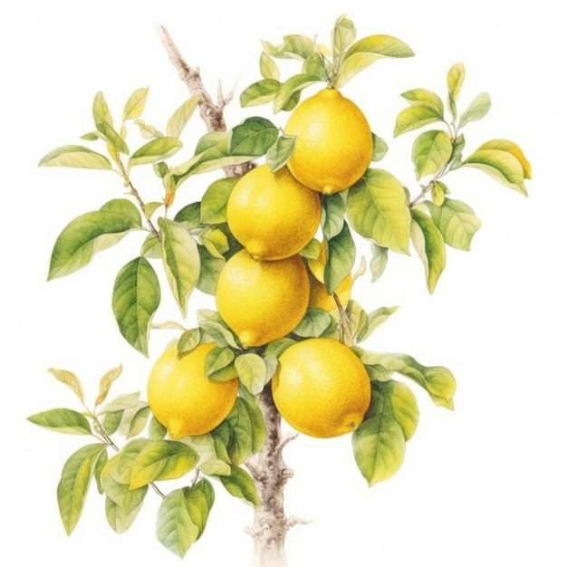A painting of a bunch of lemons on a tree branch generative ai